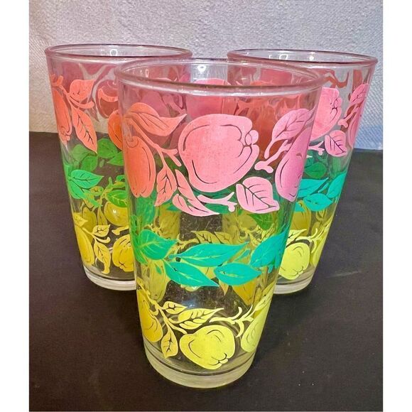 HAZEL ATLAS Tumblers Apple Fruit Decor Pastel Colors Pink Green Yellow Set of Tw - Picture 3 of 8